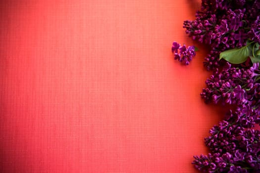 red background with branches of blooming beautiful lilac, empty space for text.