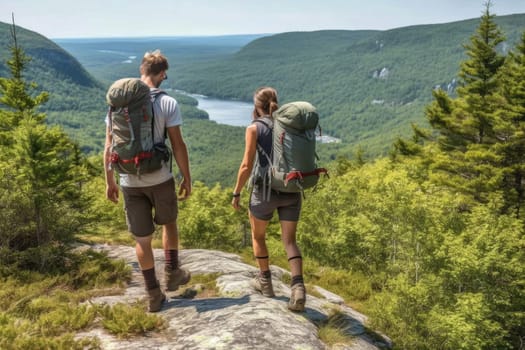 Active people in nature concept. couple with backpacks enjoying hiking. AI Generative