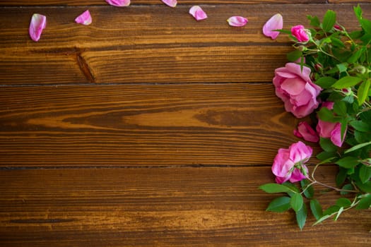 Floral background of pink and white roses on a dark wooden table
