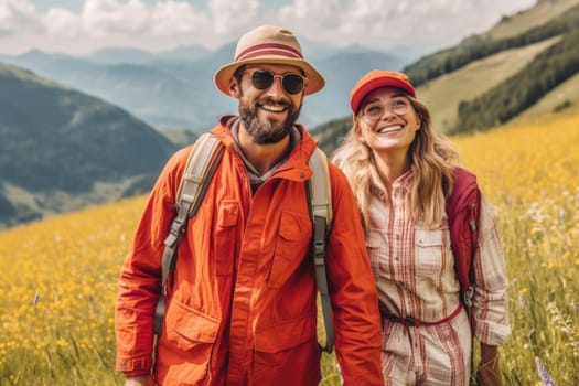 Active people in nature concept. couple with backpacks enjoying hiking. AI Generative