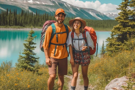 Active people in nature concept. couple with backpacks enjoying hiking. AI Generative