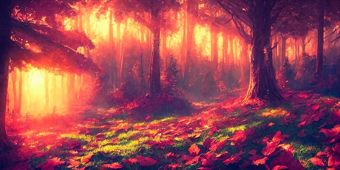 Fantasy fairy forest with colorful leaves at sunset. AI Generative