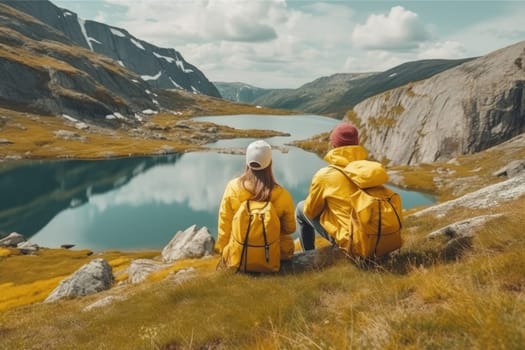 Active people in nature concept. couple with backpacks enjoying hiking. AI Generative