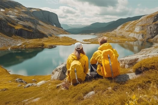 Active people in nature concept. couple with backpacks enjoying hiking. AI Generative