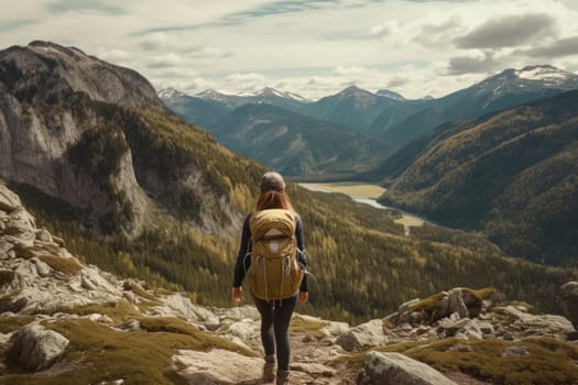 Active people in nature concept. portrait of woman with backpack and bright clothes enjoying hiking. AI Generative