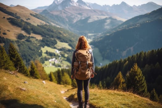 Active people in nature concept. portrait of woman with backpack and bright clothes enjoying hiking. AI Generative