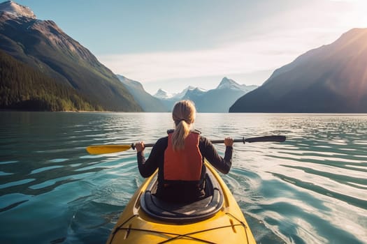 Enjoying summer day on the lake. Rear view of woman kayaking at mountain lake. AI Generative