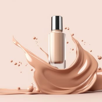 Foundation bottle with liquid foundation and splash. Advertising of foundation cream, concealer, base, BB cream. Mockup design. AI Generative