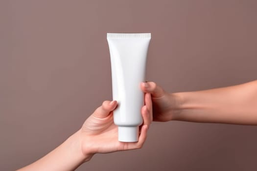 woman hands holding cosmetic cream white plastic tube mockup front view. Hand cream bottle. AI Generative