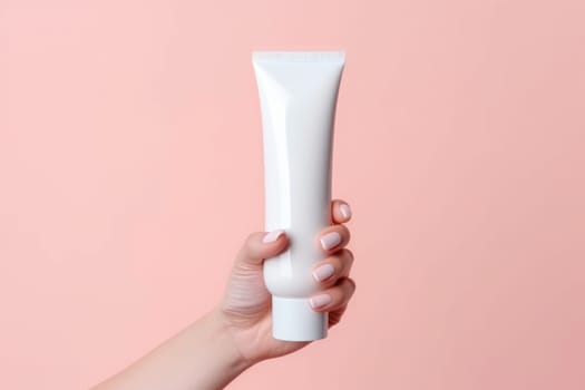 woman hands holding cosmetic cream white plastic tube mockup front view. Hand cream bottle. AI Generative