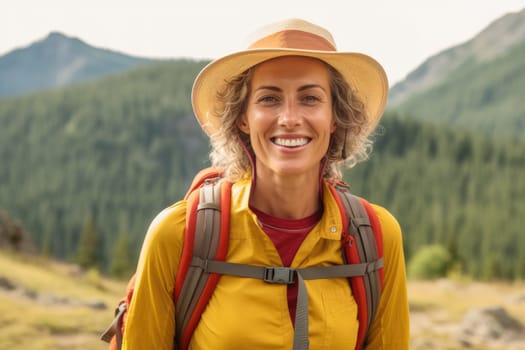 Active people in nature concept. portrait of woman with backpack and bright clothes enjoying hiking. AI Generative