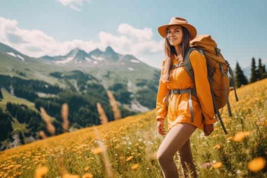 Active people in nature concept. portrait of woman with backpack and bright clothes enjoying hiking. AI Generative