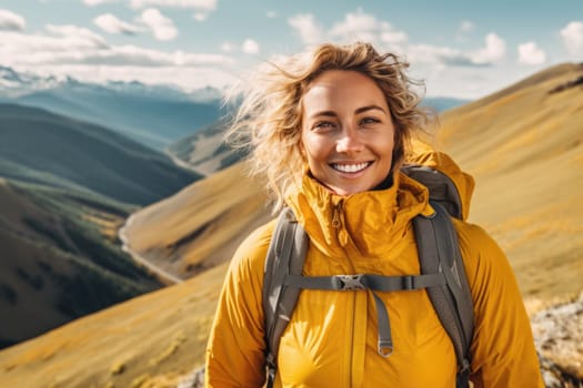 Active people in nature concept. portrait of woman with backpack and bright clothes enjoying hiking. AI Generative