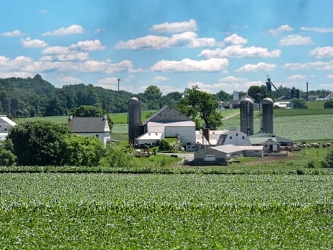A View of a Farm With Silos and Barn in the Middle of Freshly Planted Farm Fields on a Beautiful Summer Day