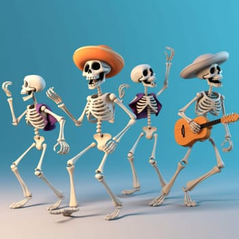 Four cute dancing white skeletons in white hats, with a guitar, on a blue background . Ai generative