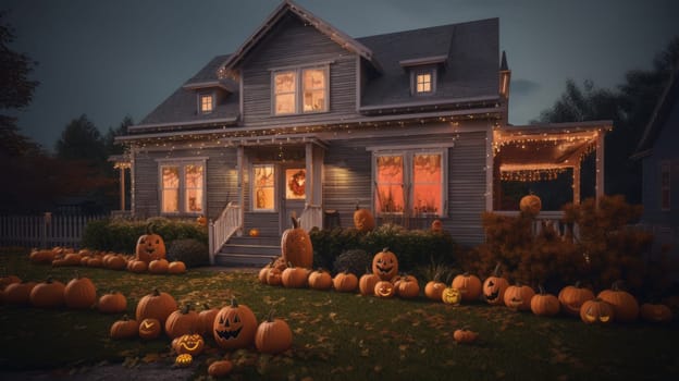 Night view of a house with halloween decoration, garlands and pumpkins . Ai generative