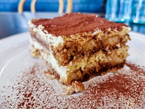 Homemade fluffy soft sweet Tiramisu Italian dessert served on white dish