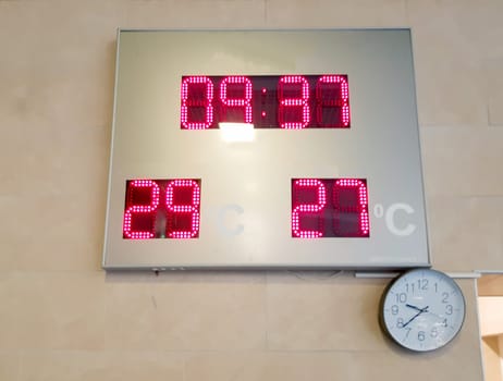 LED display panel with air and water temperature, round classic clock on the wall.