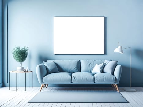 Blank frame mockup for artwork or print on pastel blue wall with blue couch, copy space. Interior design. Generative Ai