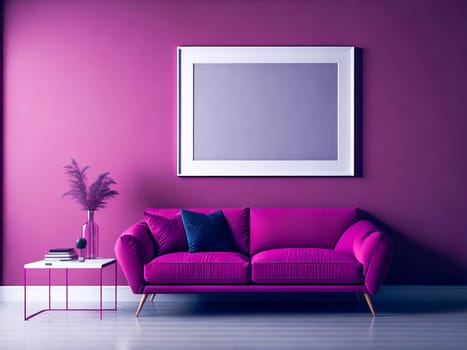 Blank frame mockup for artwork or print on pink wall with magenta couch, copy space. Interior design. Generative Ai
