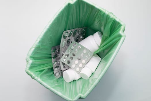 Top View Medication, Supplement, Pills, Tablet Bottles, Empty Capsule Pastilles In Trash Bin, Bucket. Medical Waste, Drug Consumption Concept. Pharmacy. Horizontal Plane, Flatly.