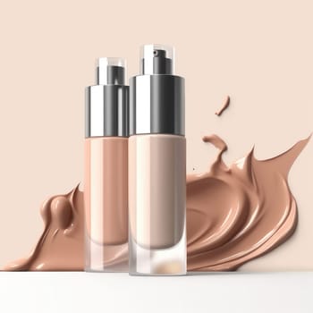 Foundation bottles with liquid foundation and splash. Advertising of foundation cream, concealer, base, BB cream. Mockup design. AI Generative