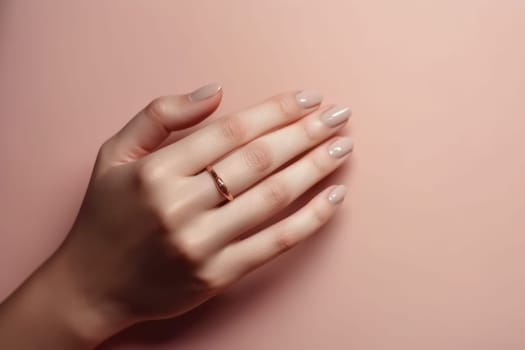 Closeup of woman hand with perfect nude manicure. AI Generated