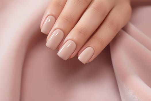 Closeup of woman hand with perfect nude manicure. AI Generated