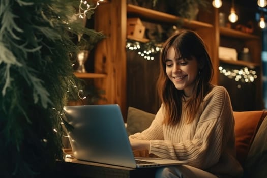 Beautiful smilign woman using laptop at cafe. AI Generative