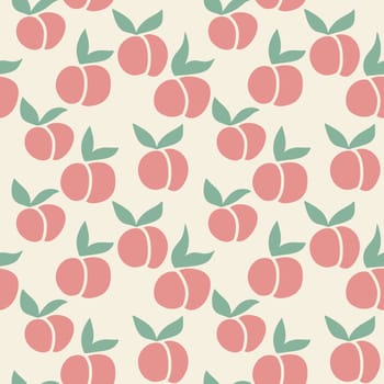 Hand drawn seamless pattern with red ornge peaches green leaves on retro vintage beige background. Summer fruit kitchen neutral faded design, nectarine apricot berry harvest agricultural package
