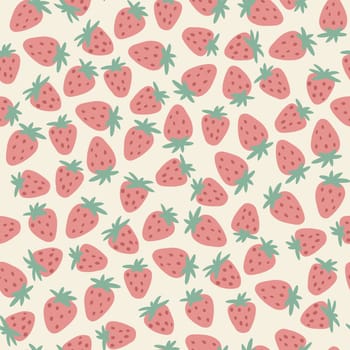 Hand drawn seamless pattern with red strawberry on beige retro vintage background Summer picnic food fruit berry print, fresh food strawberries green leaves, , faded neutral spring kitchen design.