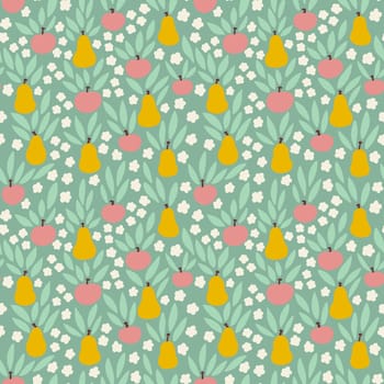 Hand drawn seamless pattern with apples pears fruits on pastel green background in simple ditsy shape design for food labels packaging, kitchen textile wallpaper. yellow red flowers illustration
