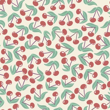 Hand drawn seamless pattern with red cherry berries green leaves on beige background. Retro vintage neutral pastel design for kitchen fabric nursery decor, cherries print cute simple minimalist summer art