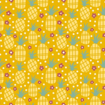 Hand drawn seamless pattern of fruit pineapple tropical jungle, summer cute colorful art. Cartoon yellow design for children kids ornament ditsy food, tasty dessert snack eating, retro vintage.