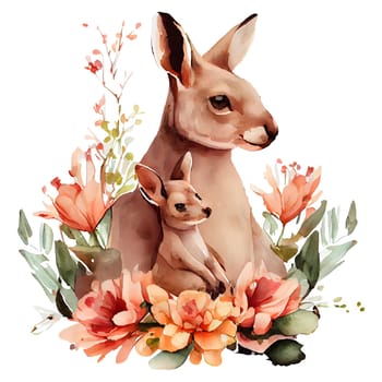 Cute mother kangaroo and baby with flowers watercolor Illustration isolated on white background. Generative AI