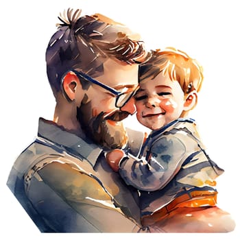 Father with little son illustration isolated on white in watercolor style. Fathers day card. AI generated