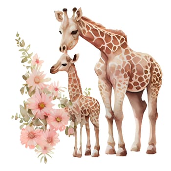 Cute mother giraffe and baby with pink flowers watercolor Illustration isolated on white background. Generative AI