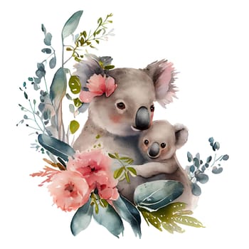 Cute mother koala and baby with pink flowers watercolor Illustration isolated on white background. Generative AI