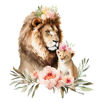 Cute father lion and baby with pink flowers watercolor Illustration isolated on white background. Generative AI