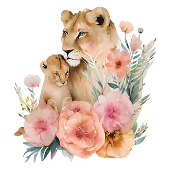 Cute mother lion and baby with pink flowers watercolor Illustration isolated on white background. Generative AI