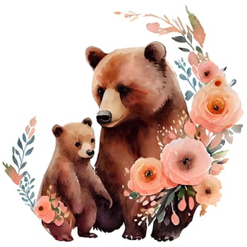 Cute mother bear and baby with pink flowers watercolor Illustration isolated on white background. Generative AI