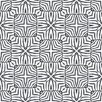 Hand painted tiled watercolor border. Black and white captivating boho chic summer design. Tiled watercolor background. Textile ready uncommon print, swimwear fabric, wallpaper, wrapping.