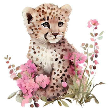 Cute baby leopard with pink flowers watercolor Illustration isolated on white background. Generative AI