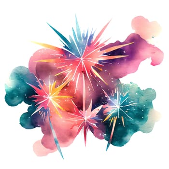 Fireworks and flashes illustration isolated on white background in watercolor style. 4th july celebration. AI generated