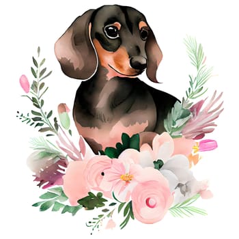 Black duchshund with pink flowers watercolor Illustration isolated on white background. Generative AI