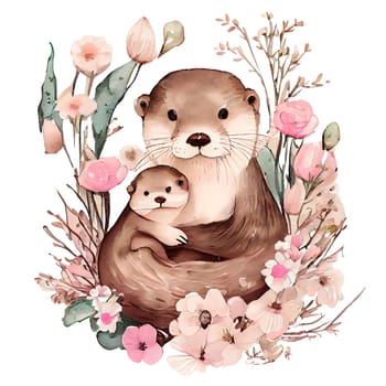 Cute mother otter and baby with pink flowers watercolor Illustration isolated on white background. Generative AI