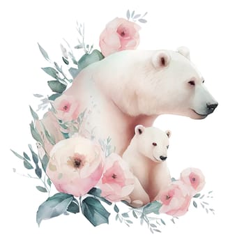 Cute mother polar bear and baby with pink flowers watercolor Illustration isolated on white background. Generative AI