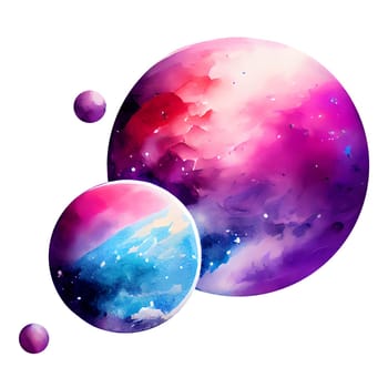 Purple planets watercolor Illustration isolated on white background. Generative AI