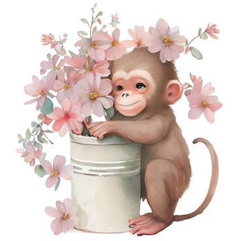 Cute baby monkey with pink flowers watercolor Illustration isolated on white background. Generative AI