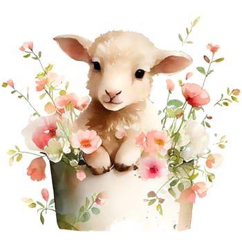Cute baby lamb with pink flowers watercolor Illustration isolated on white background. Generative AI